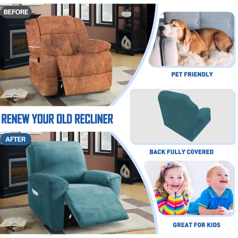 MAXIJIN Velvet 4 Piece Recliner Cover Stretch Plush Soft Recliner Chair Covers Thick Soft Reclining Chair Slipcovers Furniture Protector with Side Pocket for Kids, Pets (Peacock Blue) - Image 5